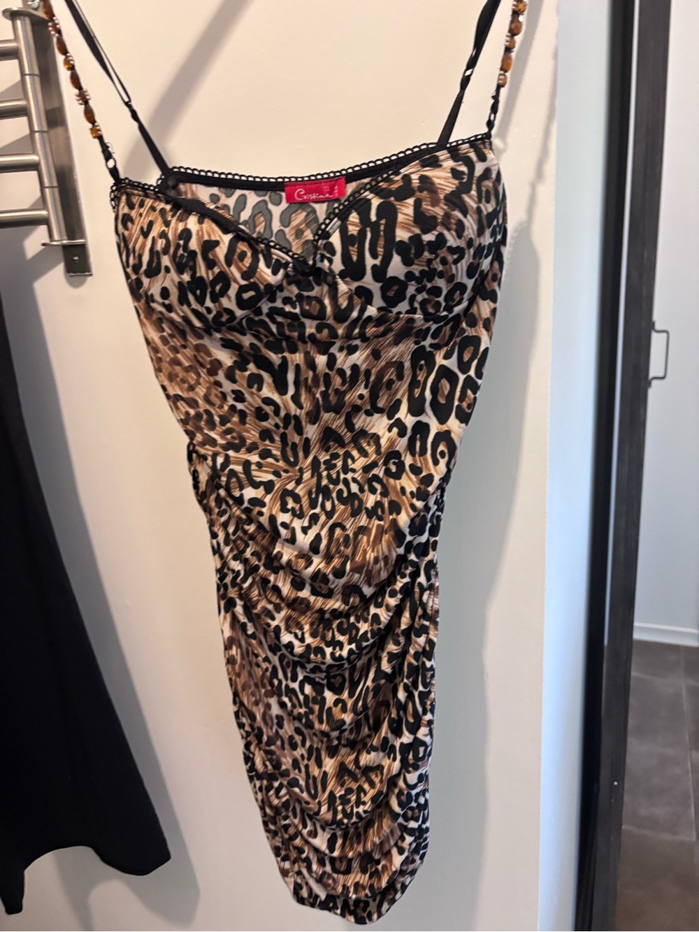 Christina Leopard Print Ruched Slip Dress in Brown and Black
